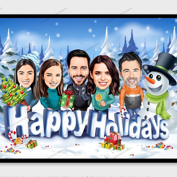 Christmas Cards, Custom Cartoon Family Portrait Gift, Holiday Cards, Christmas Gifts, Custom Christmas Cards Business Group Office Company