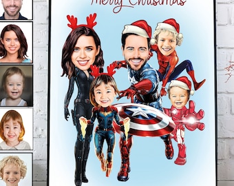 Digital Cartoon Christmas Holiday Cards, Custom Superhero Family Portrait, Printable Superhero Print Poster, Xmas Gift idea, Christmas Cards