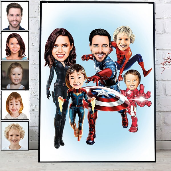 Fathers Day Gift, Custom Family Portrait, Superhero Cartoon Print Poster, Fathers Day Gift idea Husband Step Father Dad Him Men, Fathers Day