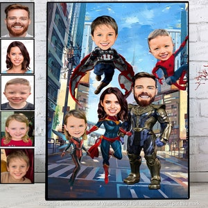 Digitale download superheld familieportret, aangepaste cartoon print poster, familie cadeau cadeau idee voor echtgenoot stiefvader moeder, vaderdagcadeau