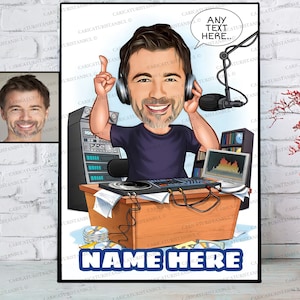 May include: A caricature of a person with a microphone and headphones, sitting at a desk with a mixing board and other equipment. The text "ANY TEXT HERE..." is in a speech bubble above the person's head. The text "NAME HERE" is at the bottom of the image.