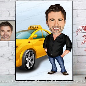 Taxi Driver Gift, Custom Caricature Cab Driver & Chauffeur Gift Portrait, Truck Bus Uber Taxi Driver Birthday Retirement Gift Him Her Man