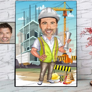 May include: Cartoon illustration of a construction worker in a white hard hat and safety vest, holding blueprints. A building under construction and a crane are in the background. The image includes the text "CARICATURISTANBUL".