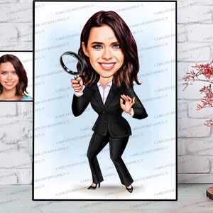 Private investigator Gift, Custom Cartoon Portrait From Your Photo, Criminal investigator, Detective Gift ideas for Her Female Women Wife