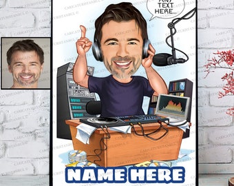 Podcaster Gift, Caricature Podcaster Portrait From Your Photo, Podcasting Gift, Podcast Host, Custom Radio Personality Gift idea Him Her Men