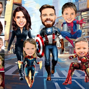Personalisiertes Superheld Familie Portrait Illustration Zeichnung vom Foto, personalisiertes Familiengeschenk, Vatertagsgeschenk, Vatertagsgeschenk