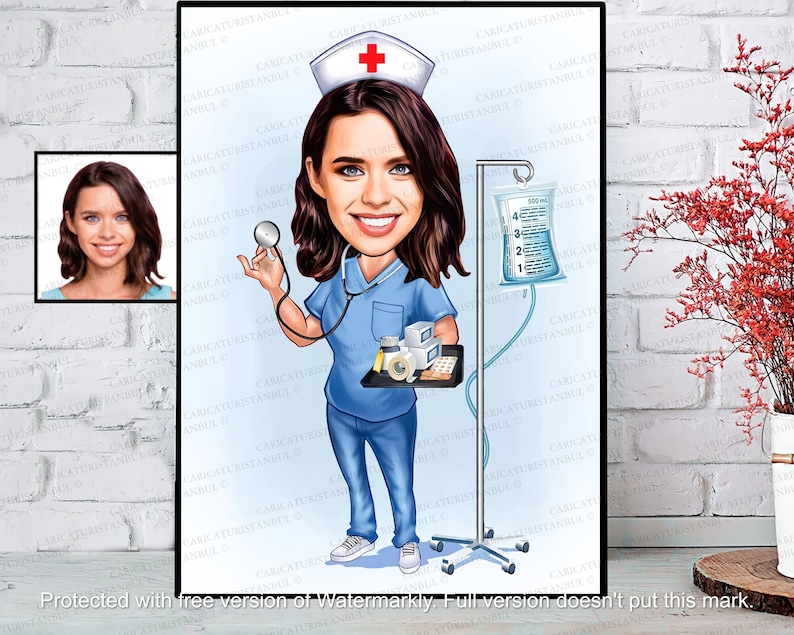 Puede incluir: Una caricatura de una enfermera con un uniforme azul y un gorro blanco con una cruz roja. Lleva un estetoscopio en la mano izquierda y una bandeja de suministros m&eacute;dicos en la mano derecha. Hay un poste de suero con una bolsa de soluci&oacute;n salina en el fondo.