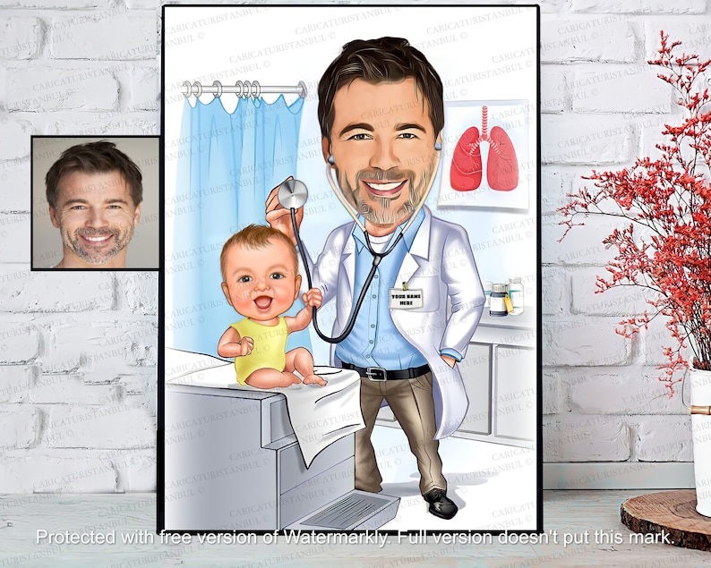 Puede incluir: Una ilustraci&oacute;n de dibujos animados de un m&eacute;dico examinando a un beb&eacute; con un estetoscopio. El m&eacute;dico lleva una bata blanca y una camisa azul. El beb&eacute; lleva una camisa amarilla. El m&eacute;dico tiene una etiqueta de nombre que dice "Tu nombre".