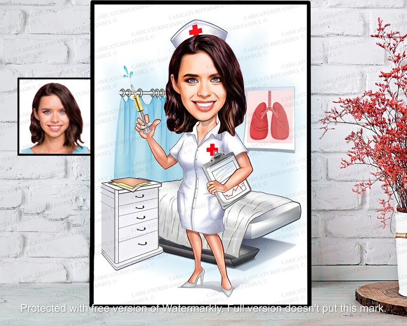 Puede incluir: Una caricatura de una enfermera con un uniforme blanco y una cruz roja en su sombrero. Ella sostiene una jeringa en una mano y un portapapeles en la otra. La enfermera est&aacute; de pie en una habitaci&oacute;n de hospital con una cama y una tabla m&eacute;dica en la pared.