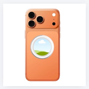 May include: Orange phone case with a circular design featuring a landscape of a blue sky, white cloud, and green hills. The case has a camera module with three lenses and a flash.