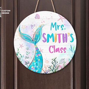 Cute Teacher Door Sign, Personalized Teacher Door Hanger, Classroom Decor, Teacher Mermaid Sign, Kindergarten Teacher Gifts,Class Door Decor