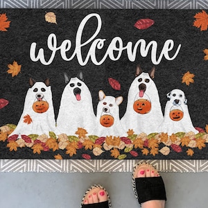 Halloween Doormat, Halloween Dog Mat, Halloween Decor, Fall Decor, Cute Dog Decor, Dog Doormat, Halloween Rug, Pumpkin Doormat, Spooky Mat