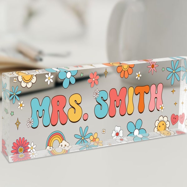 Personalized Teacher Sign, Classroom Decor, Teacher Desk Name Plate, Custom Teacher Acrylic Sign, Teacher Gifts, Groovy Teacher Name Sign