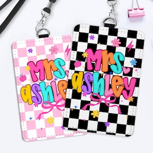 Custom Teacher ID Badge Holder, Personalized Groovy Badge Holder, Back To School Gift For Teacher, Cute Teacher Lanyard Accessories,