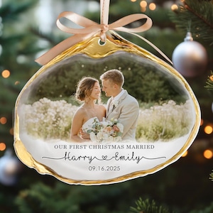 Modern Our First Christmas Engaged Couple Photo Ceramic Ornament