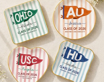 Custom University Flag Jewelry Tray, Class of 2026 Pennant College Gift, University Spirit Gift Stripe Trinket Dish, Grad Party Decor Idea