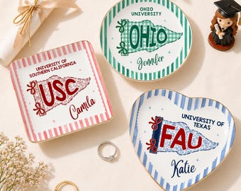 Personalized School Pennant Flag Ring Dish, Graduation Gift, College University Custom Trinket Dish, Graduation Gifts for Her, Class of 2026