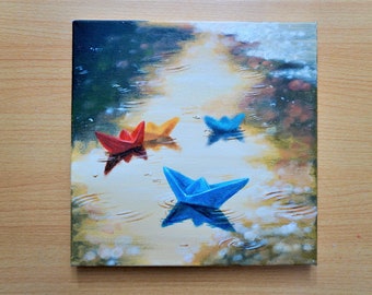 Floating Paper Boat Acrylic painting on canvas