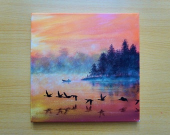 Birds and Sunset Acrylic painting on canvas