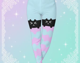 Legginsy damskie z bawełny o wysokiej elastyczności i nadruku Melty Kitty Faux thigh high darkkawaii yamikawaii