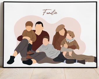Retrato familiar personalizado sin rostro: ilustración familiar personalizada, dibujo familiar minimalista, impresión familiar digital, arte mural familiar