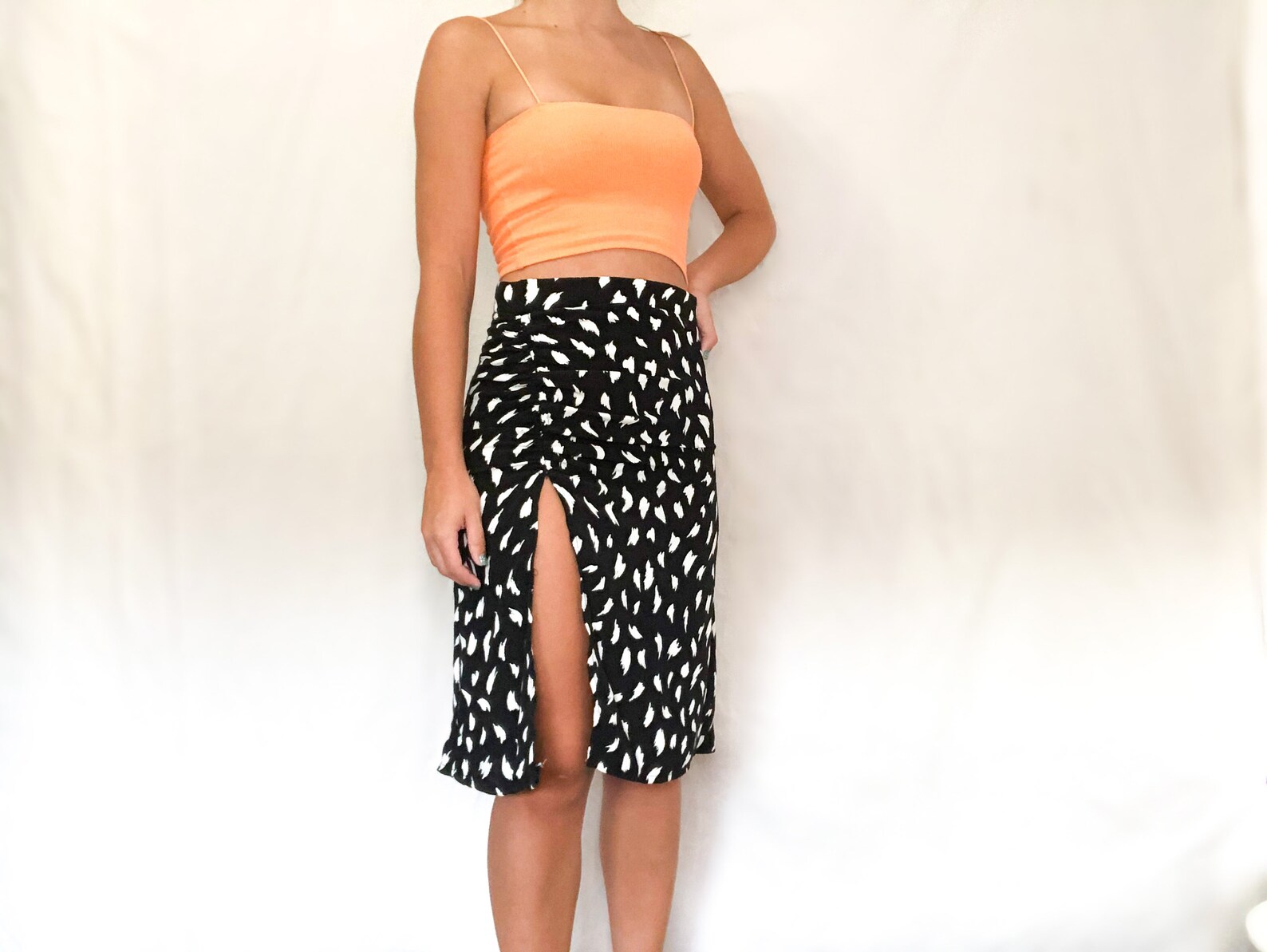 ruched drawstring face print skirt