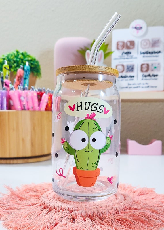 Cute Cactus Beer Can Iced Coffee Glass Cup With Lid and Straw Glass Tumbler  With Straw and Lid Iced Coffee Cup Libbey Glass glass Can 