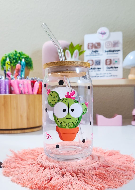 Cute Cactus Beer Can Iced Coffee Glass Cup With Lid and Straw