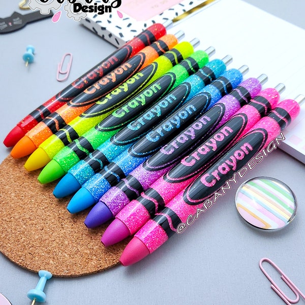 Crayon Pen, Crayon Glitter Pens, Glitter pen, Teacher Gift, teacher appreciation gift pen, Gel Pen, Resin, Back to School,  teacher lanyard