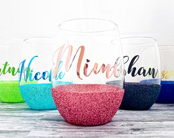 Custom Bling Glitter Coral Wine Glass Stemless Wine Glass Cups Champagne Tumbler Rose Gold Crystal Custom Gift Wedding Bridal Accessories