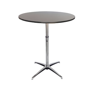 May include: A round, dark brown table with a chrome adjustable height base and a four-pronged star-shaped base.