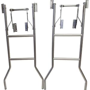 May include: Two silver metal folding table legs with a three-step ladder design. The legs are made of sturdy metal and have a silver finish.