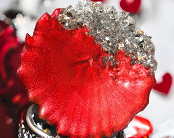 Set of 4 resin > red with mirror chippings // 4 coasters, geode-shaped set of 4, resin coaster