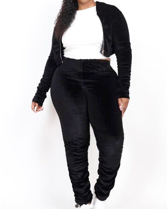 Womens Plus Size Black Tracksuit, Black Velour Plus Size Jogger