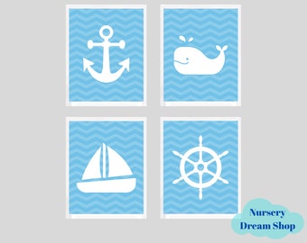Art mural nautique pour chambre d'enfant, bleu blanc, chambre de bébé garçon, sexe neutre, ancre, baleine, bateau, volant, lot de 4, TÉLÉCHARGEMENT NUMÉRIQUE