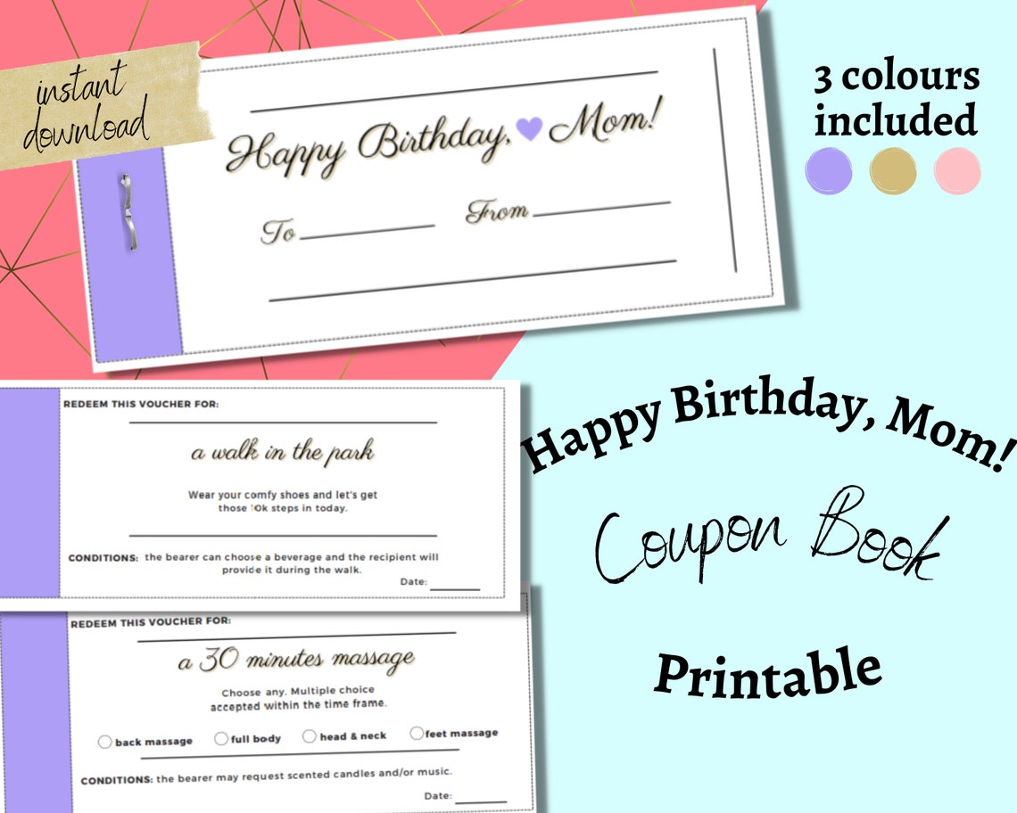Printable Happy Birthday Mom Coupon Book Coupon Book for Mom | Etsy