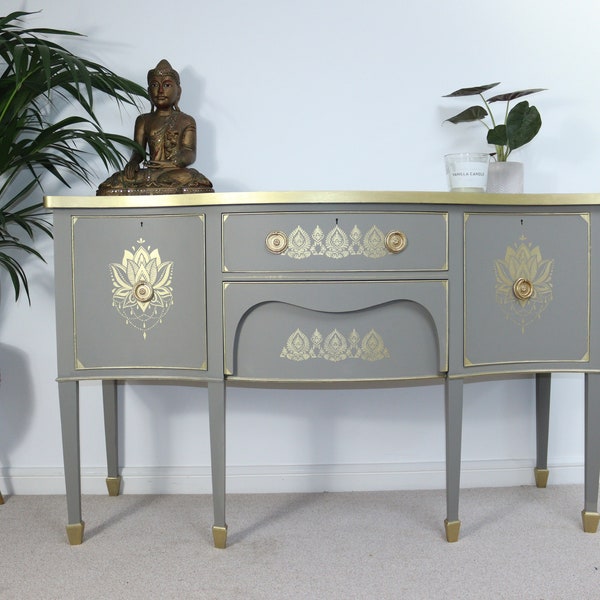 SOLD SOLD. Item sold not for sale. Skye. Beautiful bespoke serpentine sideboard with gold decorative detail. Upcycled furniture.