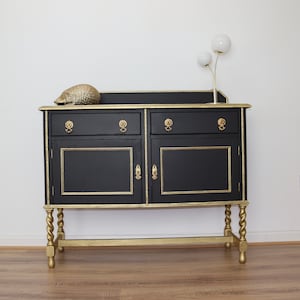 SOLD SOLD. Item not for sale.  black sideboard with twisted legs and gold detail / Upcycled furniture / Vintage furniture