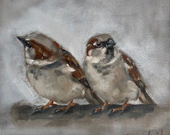 Two sparrows, original oil painting on canvas, fine art, bird painting, impressionism, hand painted sparrow painting, sparrows on branch