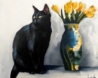 Black Cat Art print, black cat painting, Oil painting cat print, Cat Painting Print, cat and flowers print, square print, 4x4 print, tulips