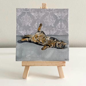 mini peinture sur toile, peinture à l'huile sur toile, art de chat mignon, petite peinture de chat tigré, idées cadeaux mignonnes, portrait de chat, peinture de chat, chat tigré