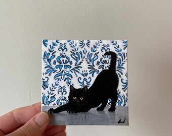 Mini peinture sur toile, peinture de chat noir, peinture acrylique originale sur toile, art 4 x 4, petit art, mini art peint à la main, art de petit chat