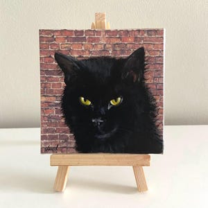 Mini peinture sur toile, peinture de chat noir, peinture acrylique originale sur toile, art de chat 4 x 4, portrait de chat noir, jolie peinture de chat noir
