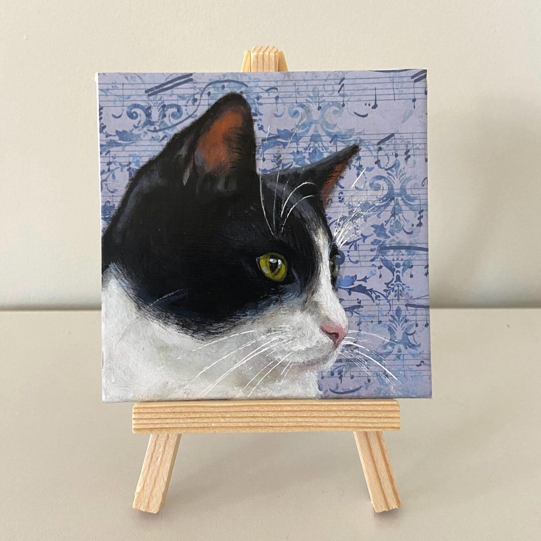 Black and White Cat Painting, Small Cat Portrait Painting on Canvas ...