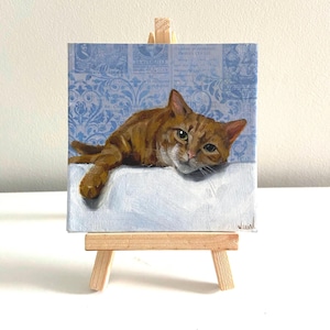 Peinture de chat roux mignon, huile sur toile, peinture de chat 4 x 4, art de chat mignon, idées cadeaux chat orange, peinture chat tigré orange, cadeaux chat roux