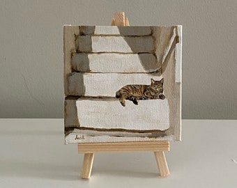 Mini-Leinwandgemälde, Tabby-Katzengemälde, Originalgemälde auf Leinwand, 4x4-Kunst, kleine Kunst, handgemalte Mini-Kunst, kleine Katzenkunst, 10x10cm