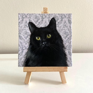Mini peinture sur toile, petite peinture de chat noir, art de chat mignon, peinture acrylique sur toile, idées cadeaux mignonnes de chat noir, art de chat noir moelleux,