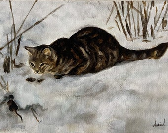 Dipinto originale di gatto e topo su tela, ritratto di gatto, arte di gatto dipinta a mano, dipinto di gatto soriano, dipinto incorniciato vintage in oro