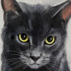 Peinture de chat gris, peinture à l'huile peinte à la main de chat gris sur la toile, portrait de chat gris, peinture de chat gris 5 x 7, art de chat bleu russe