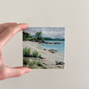 Mini Canvas Painting, original beach landscape painting, seaside painting, 4x4 art, small painting, acrylic painting on canvas, small art